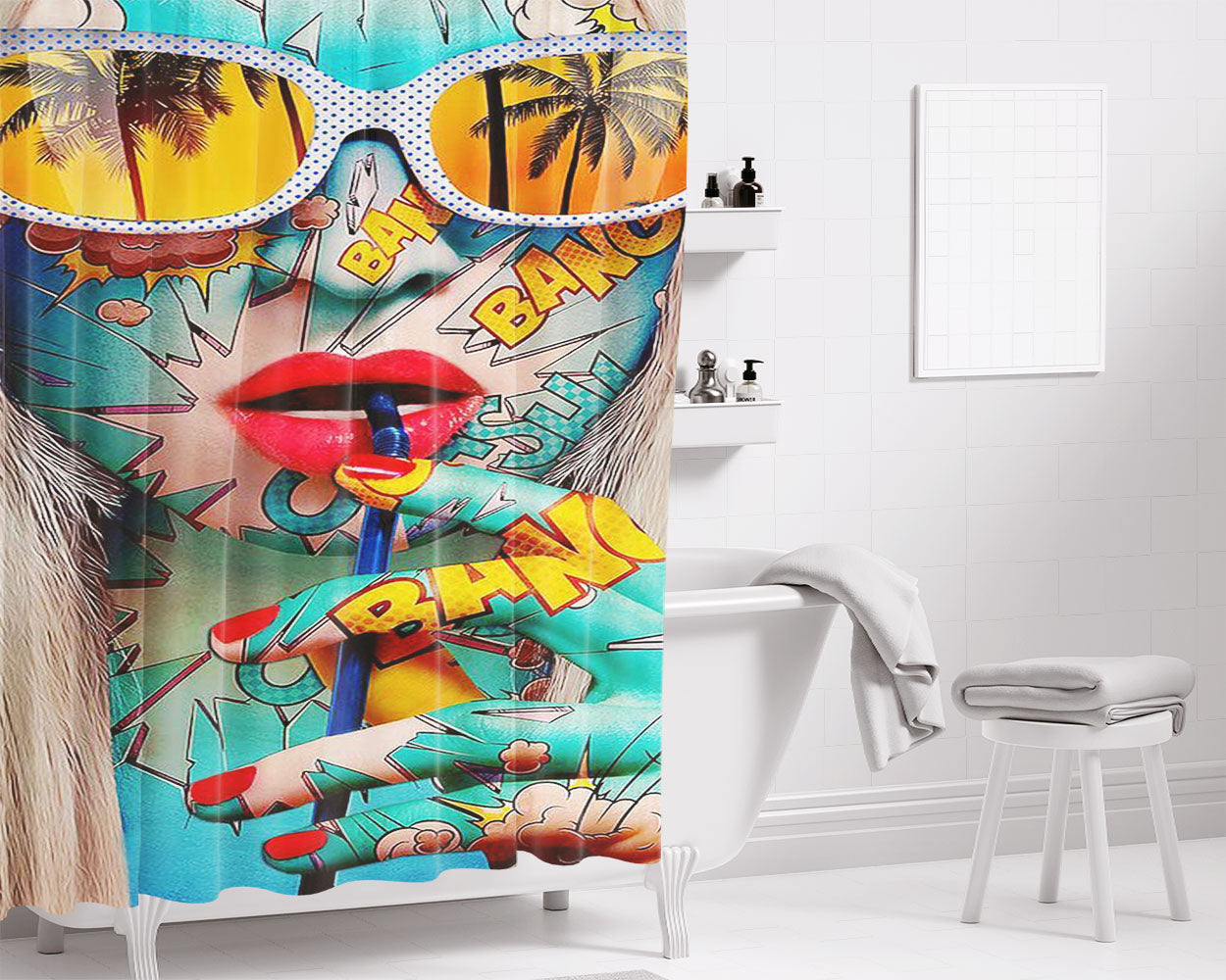 Pop Art Girl Bang Pattern Pop Bathroom Shower Curtain Fabric Waterproof | 66 X 72 Inch