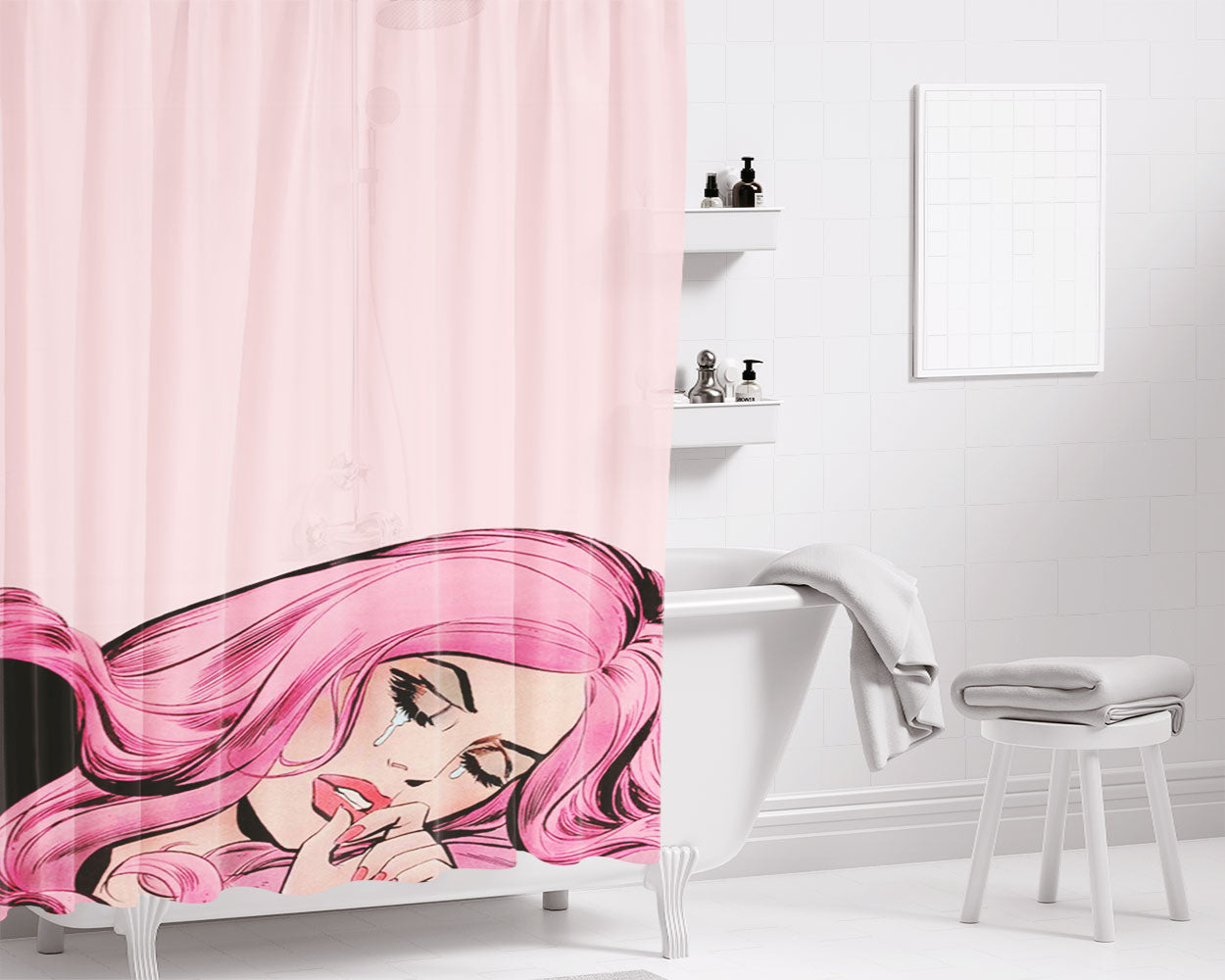 Pop Art Girl Crying Pink Bathroom Shower Curtain Fabric Waterproof | 66 X 72 Inch