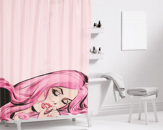 Pop Art Girl Crying Pink Bathroom Shower Curtain Fabric Waterproof
