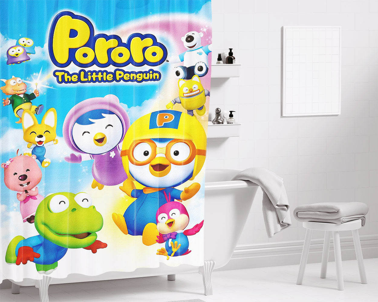 Pororo The Little Penguin Bathroom Shower Curtain Fabric Waterproof | 66 X 72 Inch