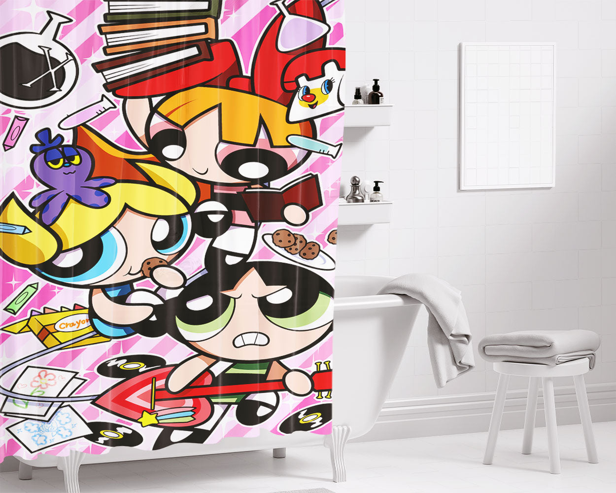 Power Puff Girls Doodle Art Bathroom Shower Curtain Fabric Waterproof | 66 X 72 Inch