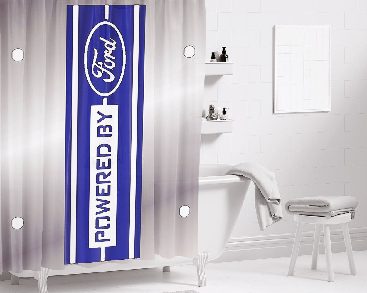 Powered By Ford Line Blue Bathroom Shower Curtain Fabric Waterproof | 66 X 72 Inch