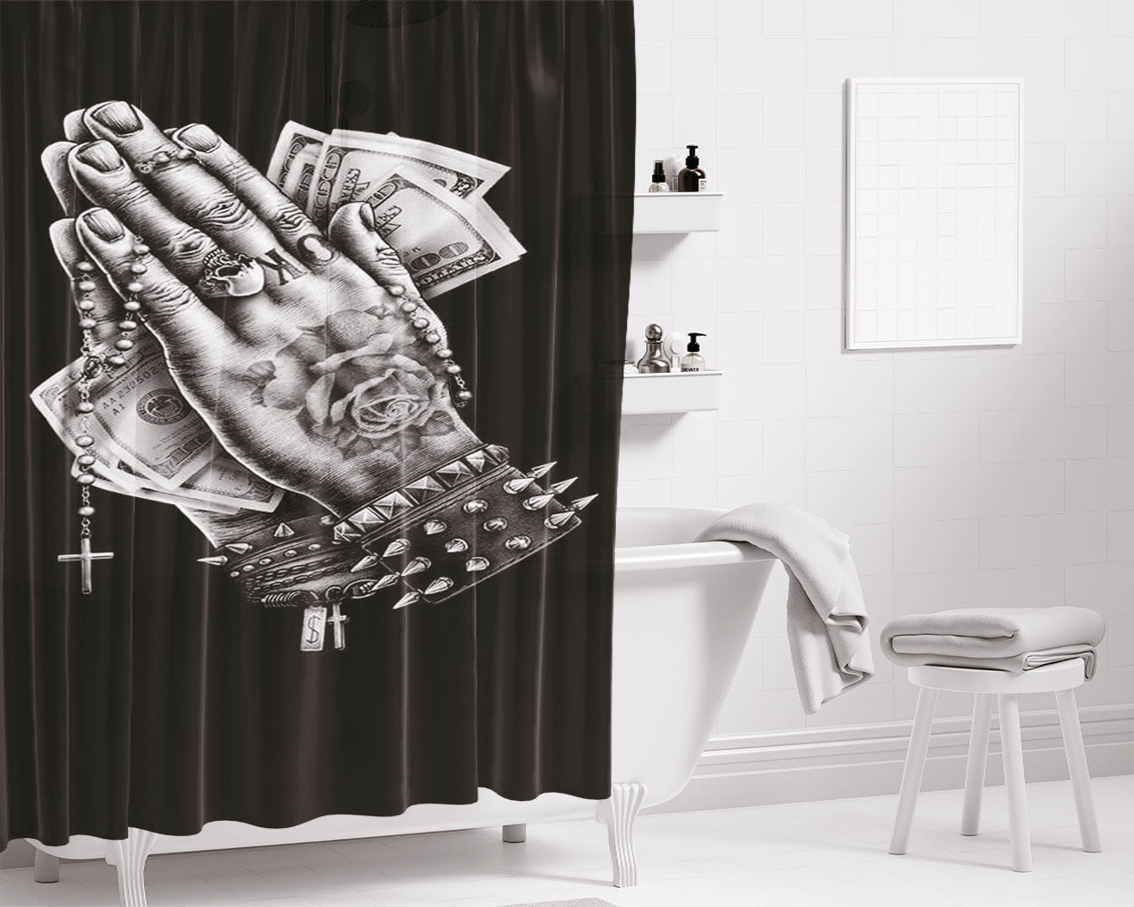 Prayer Hand Swag Punk Metal Gang Bathroom Shower Curtain Fabric Waterproof | 66 X 72 Inch