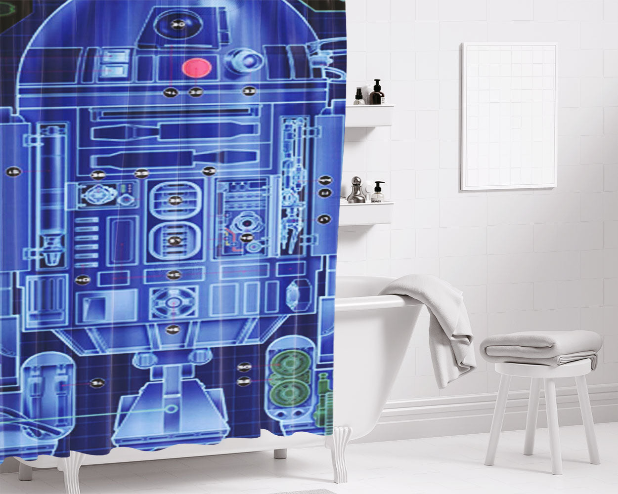 R2D2 Robot Sketch Bathroom Shower Curtain Fabric Waterproof | 66 X 72 Inch