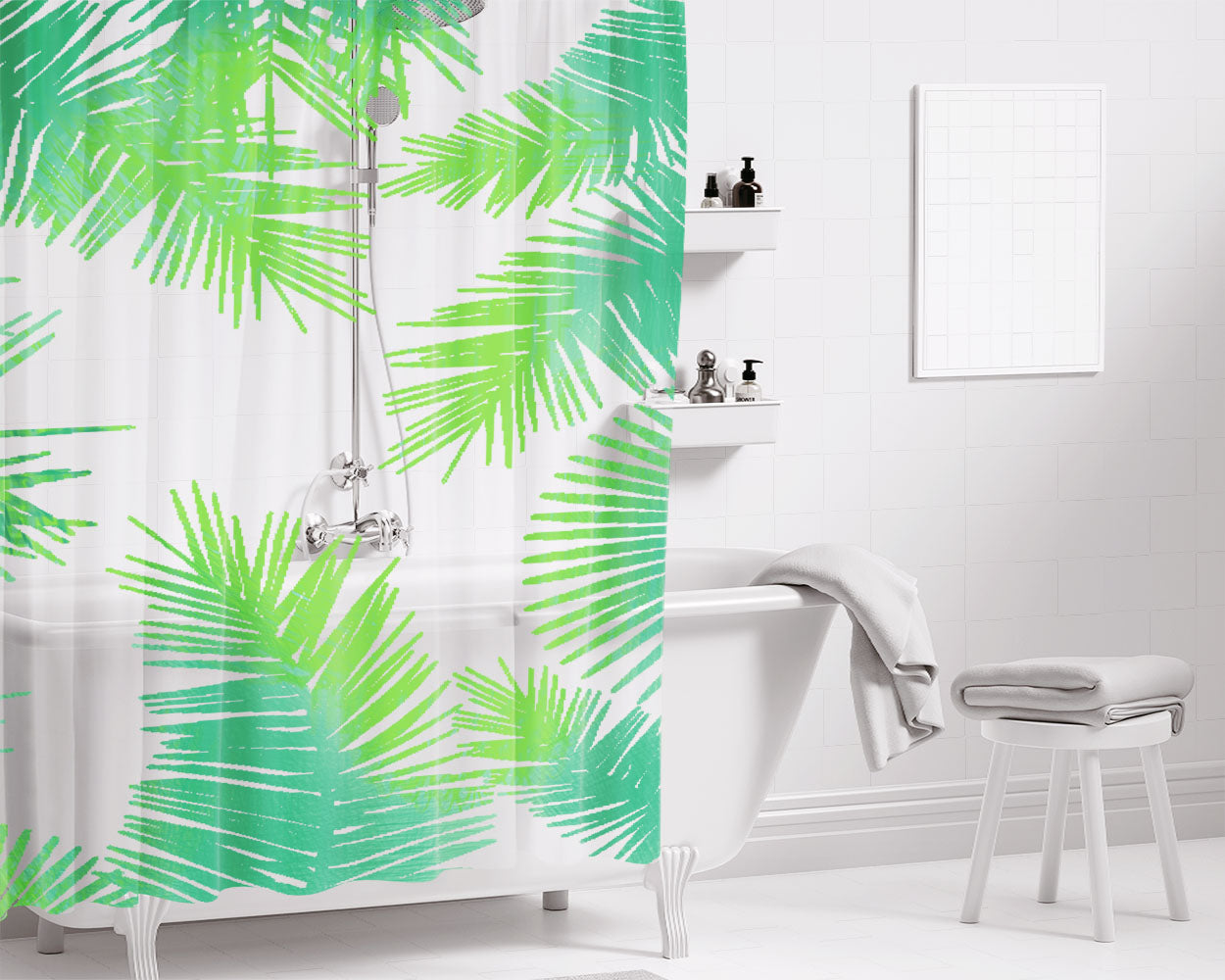 Random Leaves Palm Tropical Pattern Bathroom Shower Curtain Fabric Waterproof | 66 X 72 Inch