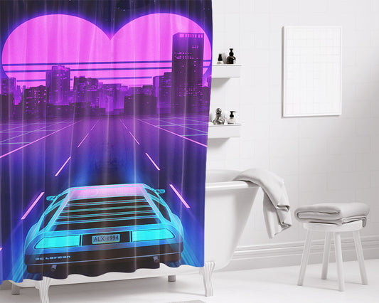Retro Car Illustration Bathroom Shower Curtain Fabric Waterproof
