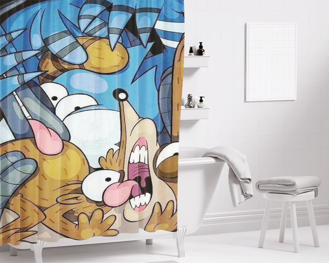 Rigby And Mordecai Crash Bathroom Shower Curtain Fabric Waterproof | 66 X 72 Inch