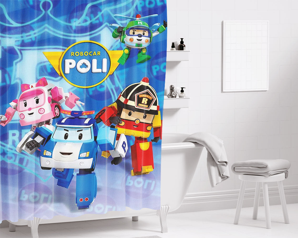 Robocar Poli Bathroom Shower Curtain Fabric Waterproof | 66 X 72 Inch