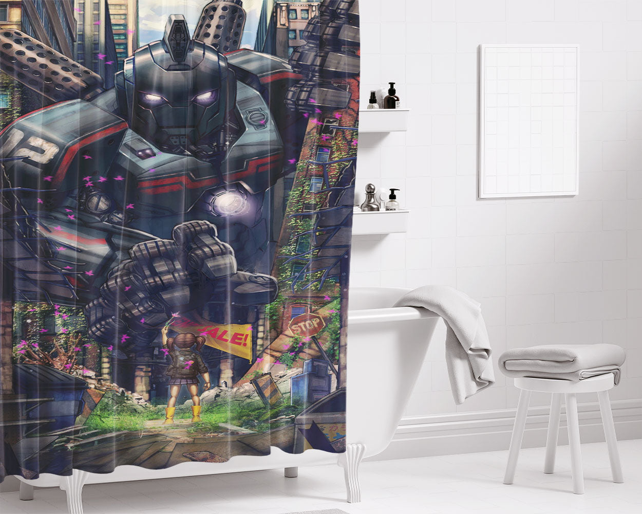 Robot Japan Bathroom Shower Curtain Fabric Waterproof | 66 X 72 Inch