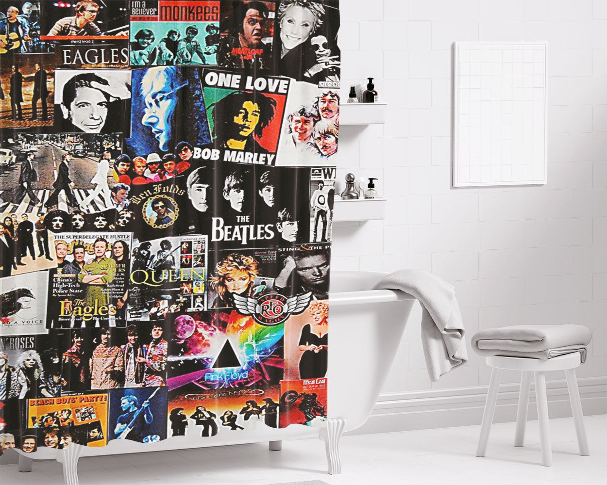 Rock Album Cover Collage Bathroom Shower Curtain Fabric Waterproof | 66 X 72 Inch
