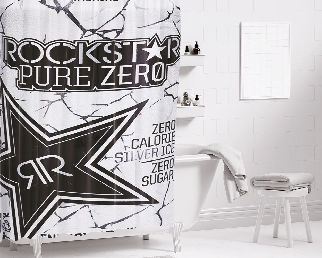 Rockstar Energy Drink Pure Zero Energy Drink Silver Ice Bathroom Shower Curtain Fabric Waterproof | 66 X 72 Inch