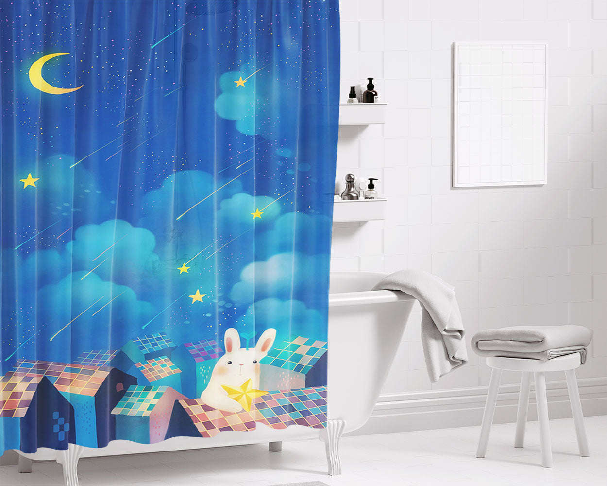 Romantic Night Moon Star Clouds Sky Rabbit House Bathroom Shower Curtain Fabric Waterproof | 66 X 72 Inch