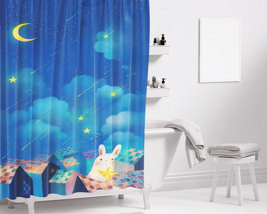 Romantic Night Moon Star Clouds Sky Rabbit House Bathroom Shower Curtain Fabric Waterproof