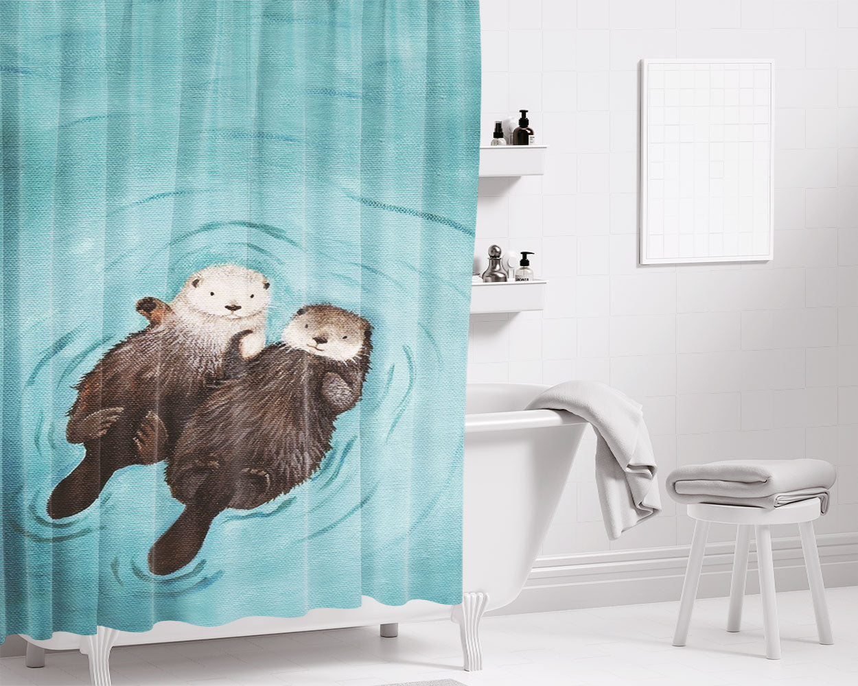 Romantic Swim Otter Bathroom Shower Curtain Fabric Waterproof | 66 X 72 Inch