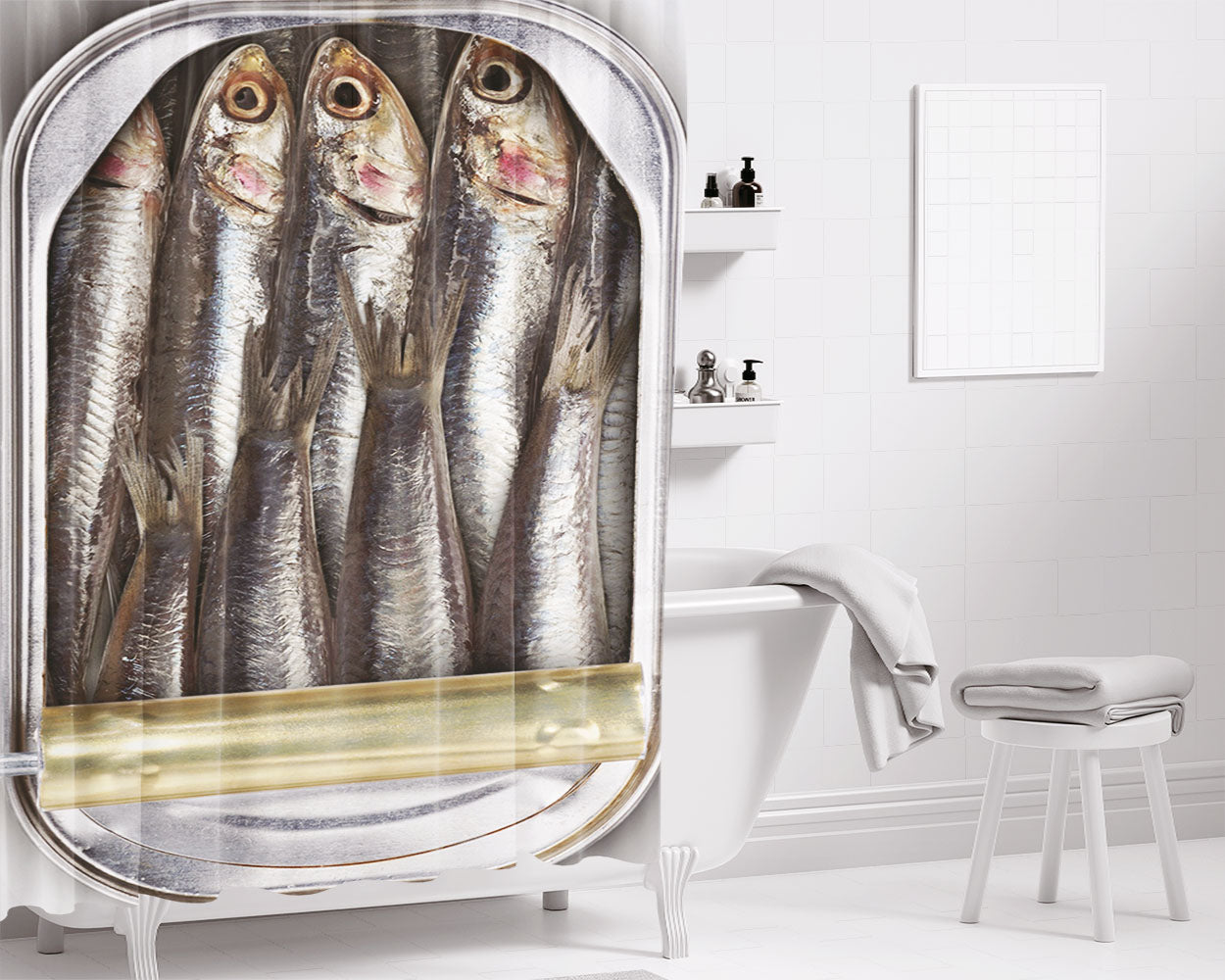 Sardines Fish Food Bathroom Shower Curtain Fabric Waterproof | 66 X 72 Inch