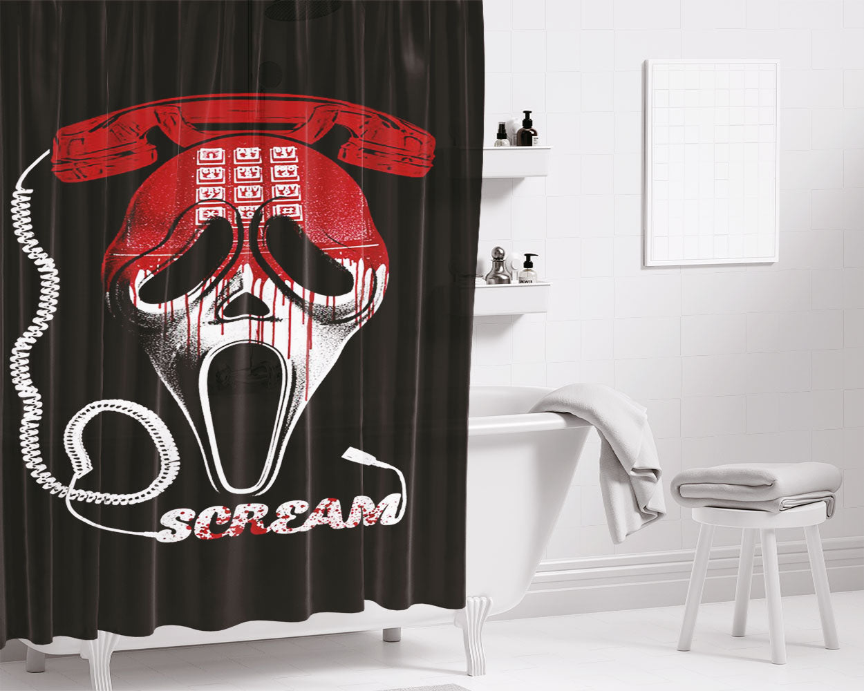 Scream Mask Poster Phone Bathroom Shower Curtain Fabric Waterproof | 66 X 72 Inch
