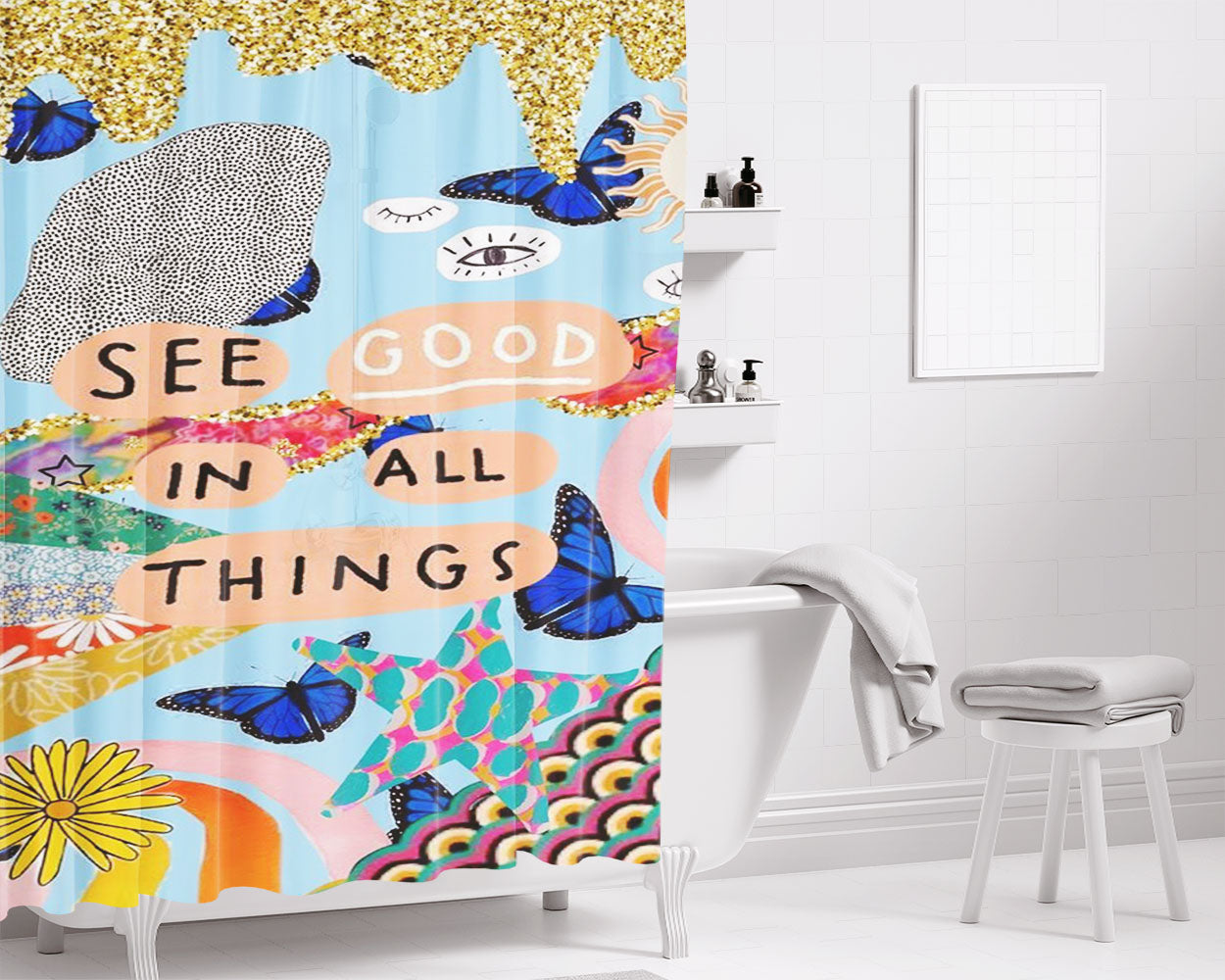 See Good In Sll Things Glitter Pattern Bathroom Shower Curtain Fabric Waterproof | 66 X 72 Inch