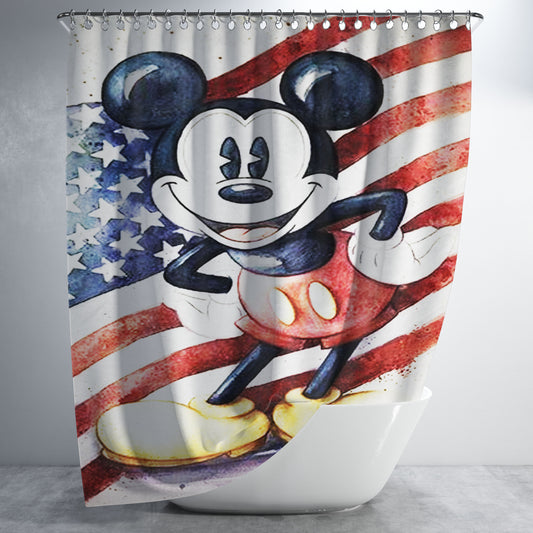 Dinsey Mickey Mouse Retro Usa Flag Bathroom Shower Curtain Fabric Waterproof | 66 X 72 Inch
