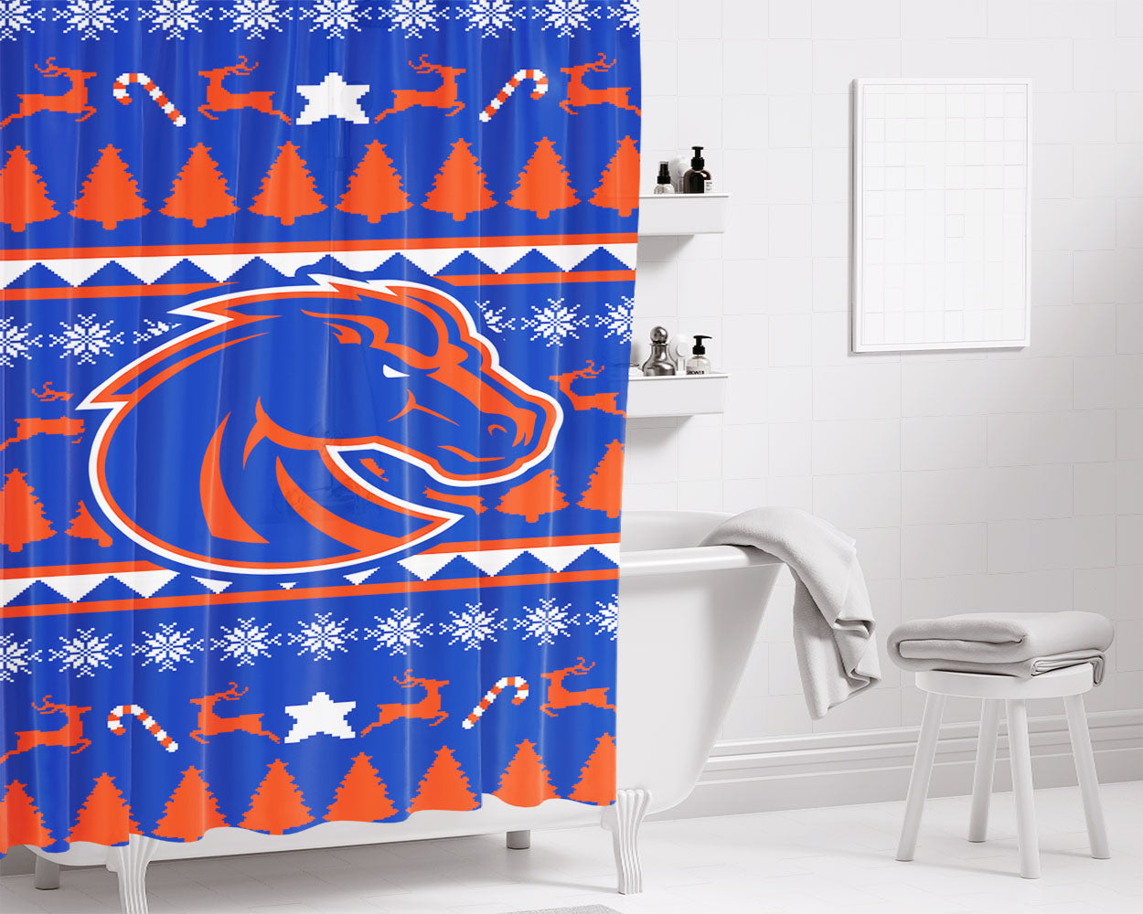Boise State University Athletics Christmas Sweater Bathroom Shower Curtain Fabric Waterproof | 66 X 72 Inch
