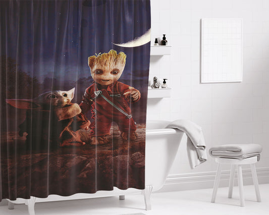 Groot And Baby Yoda Night Moon Bathroom Shower Curtain Fabric Waterproof | 66 X 72 Inch