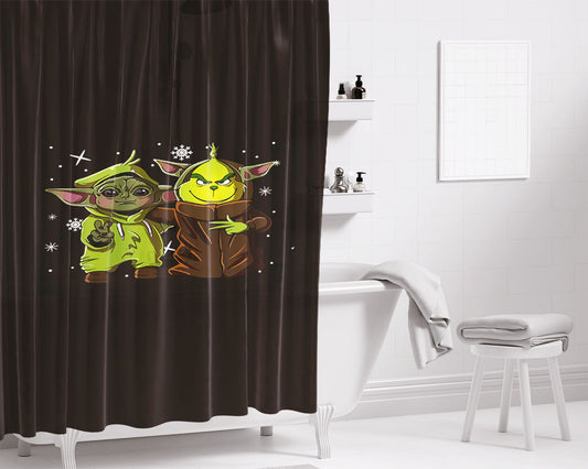 Hot Baby Yoda And Baby Grinch Bathroom Shower Curtain Fabric Waterproof | 66 X 72 Inch