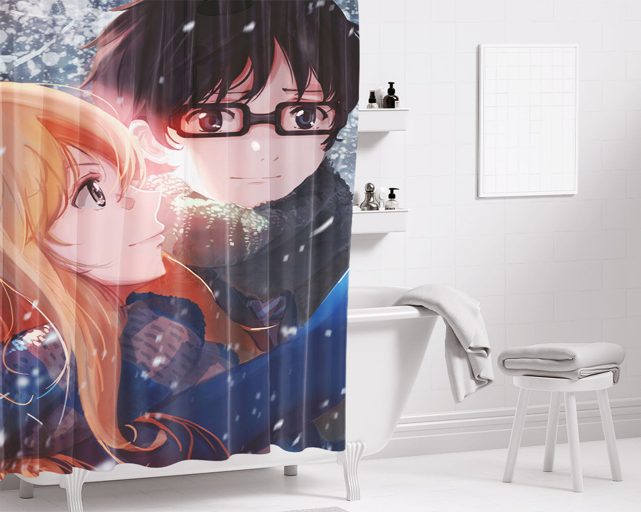 Kaori Miyazono And Kousei Arima Bathroom Shower Curtain Fabric Waterproof | 66 X 72 Inch