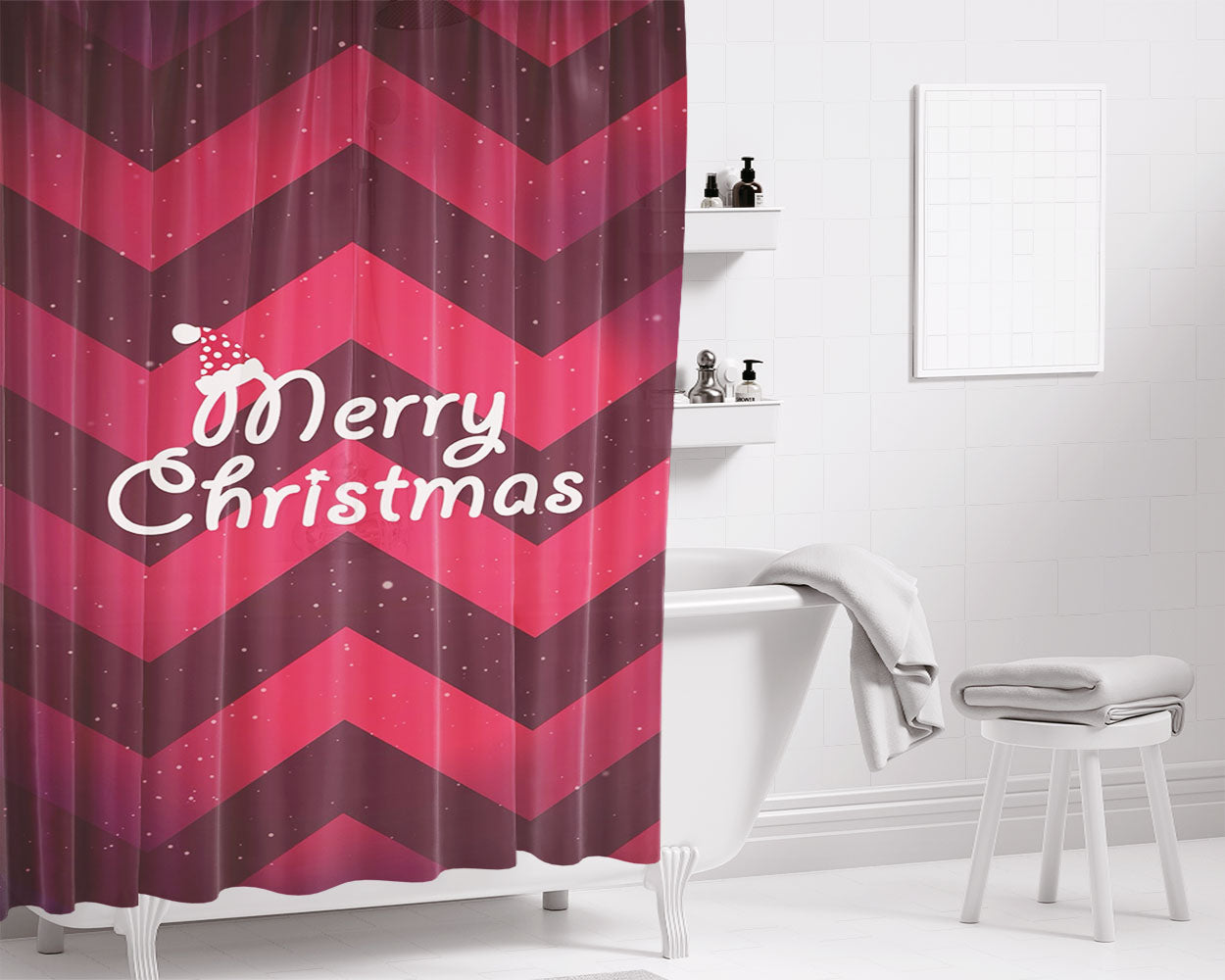 Merry Christmas Cute Bathroom Shower Curtain Fabric Waterproof | 66 X 72 Inch