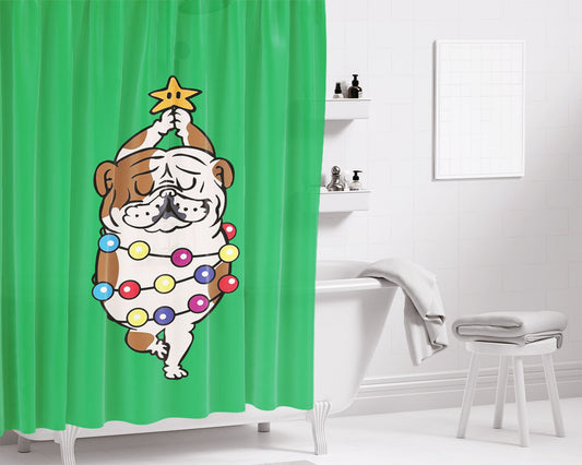 Merry Christmas English Bulldog Bathroom Shower Curtain Fabric Waterproof | 66 X 72 Inch