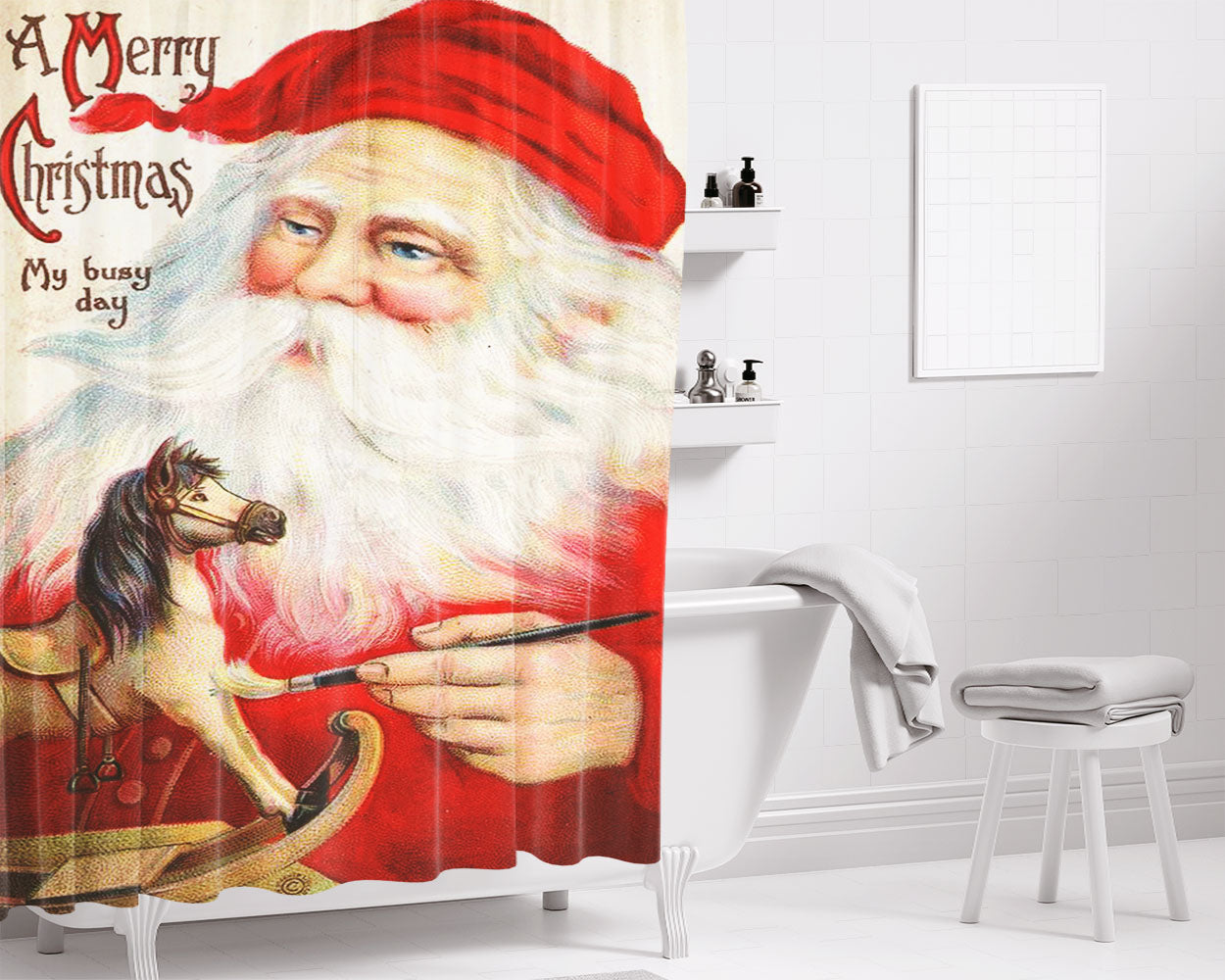Merry Christmas My Busy Day Bathroom Shower Curtain Fabric Waterproof | 66 X 72 Inch