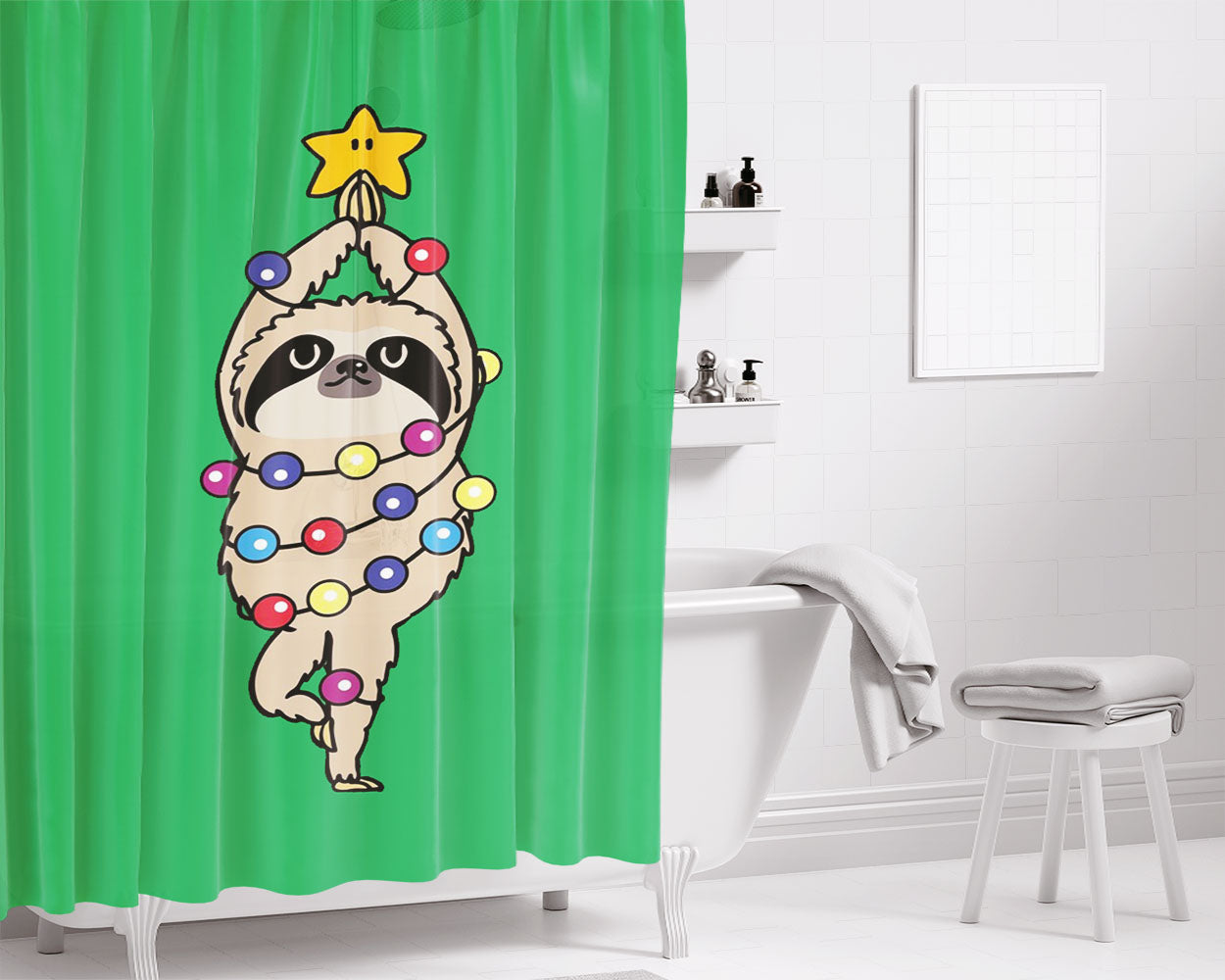 Merry Christmas Sloth Art Bathroom Shower Curtain Fabric Waterproof | 66 X 72 Inch