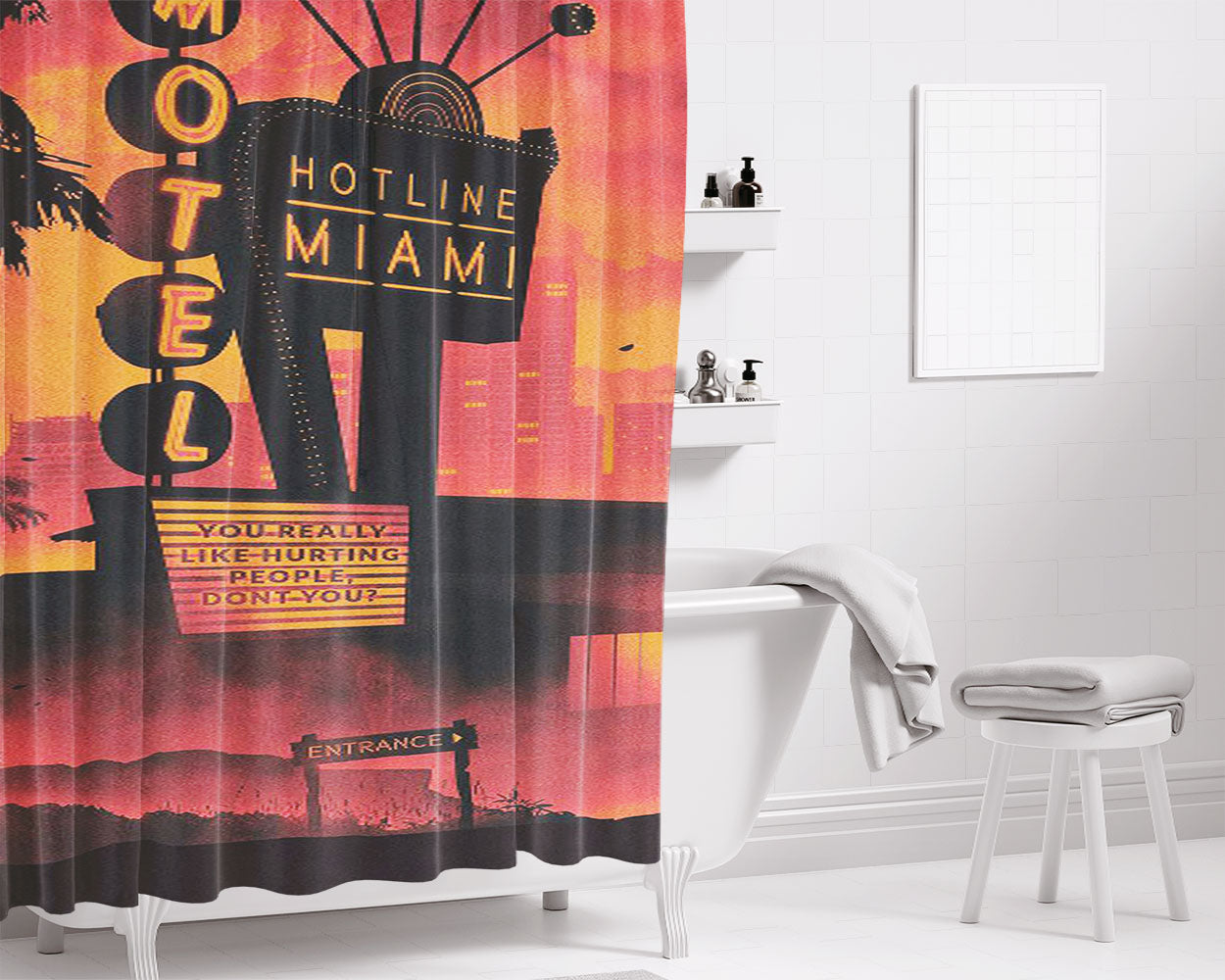Hotline Miami Sunset Retro Cityscape Bathroom Shower Curtain Fabric Waterproof | 66 X 72 Inch