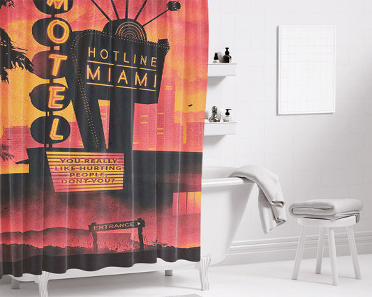 Hotline Miami Sunset Retro Cityscape Bathroom Shower Curtain Fabric Waterproof | 66 X 72 Inch