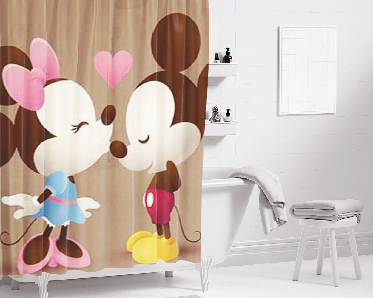 Mickey And Minnie Kiss Sepia Bathroom Shower Curtain Fabric Waterproof | 66 X 72 Inch