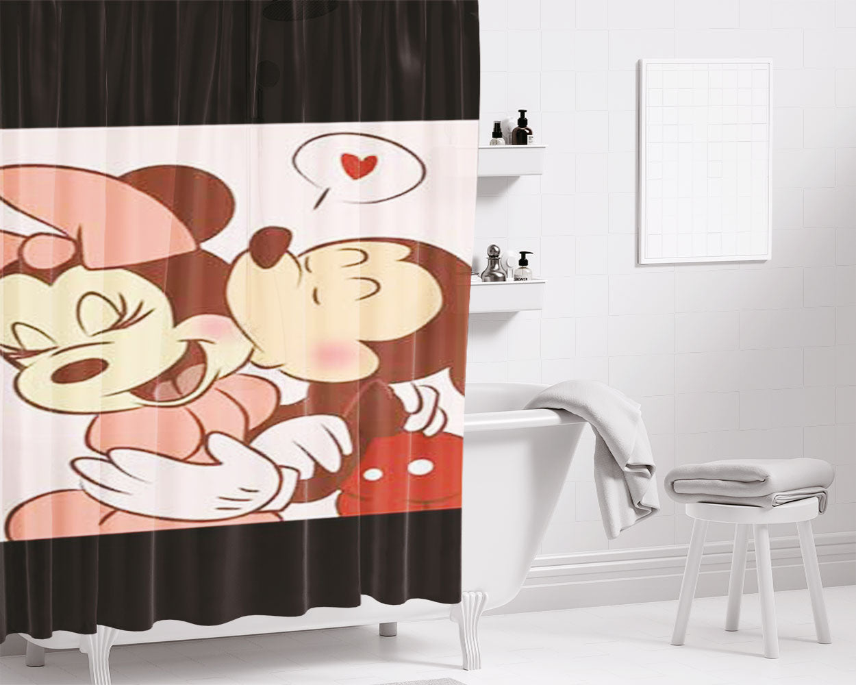 Mickey Minnie Cheek Kiss Bathroom Shower Curtain Fabric Waterproof | 66 X 72 Inch