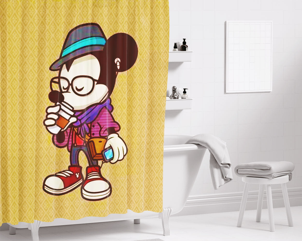 Mickey Mouse Coffee Bathroom Shower Curtain Fabric Waterproof | 66 X 72 Inch