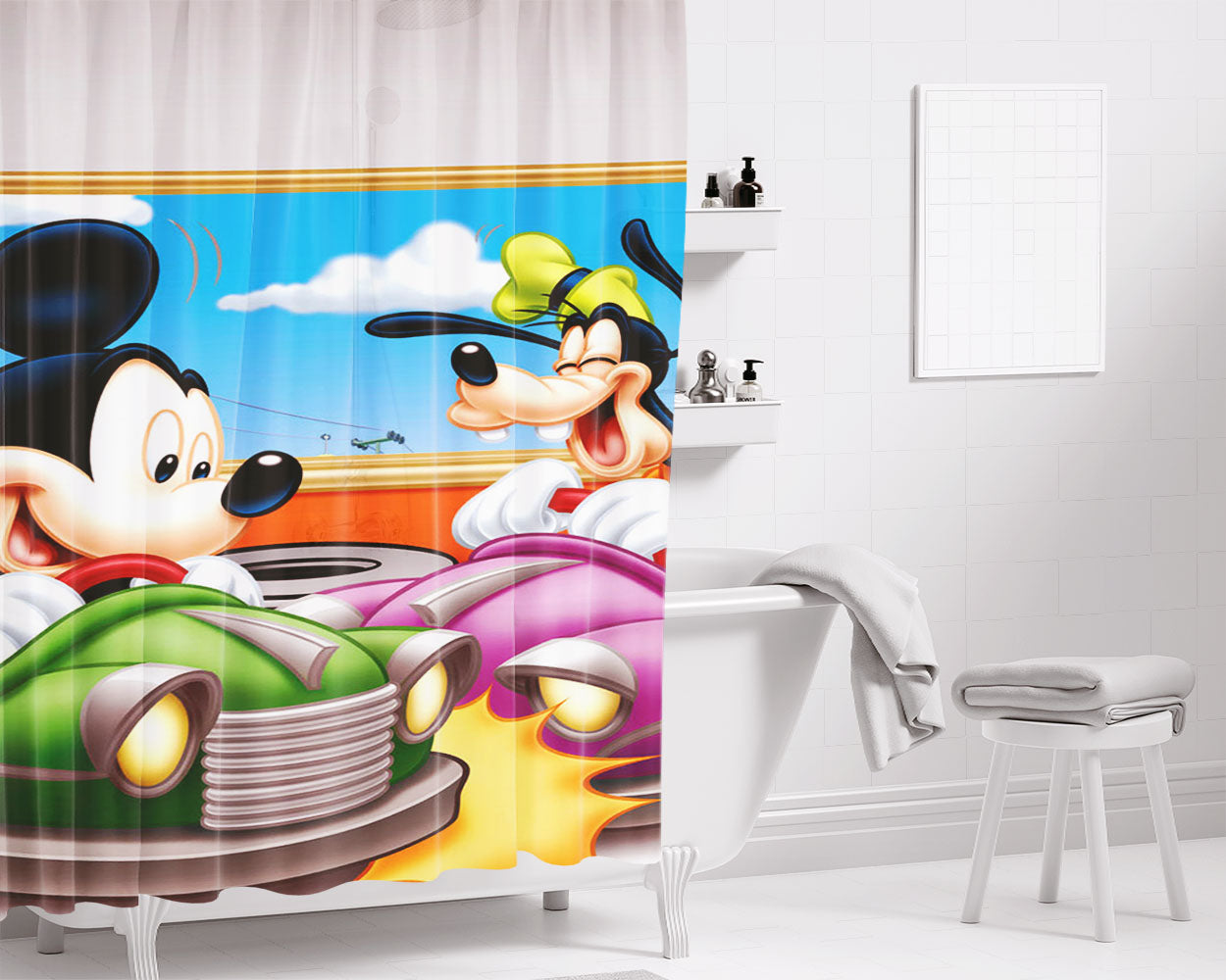 Mickey Mouse In Amusement Park Bathroom Shower Curtain Fabric Waterproof | 66 X 72 Inch