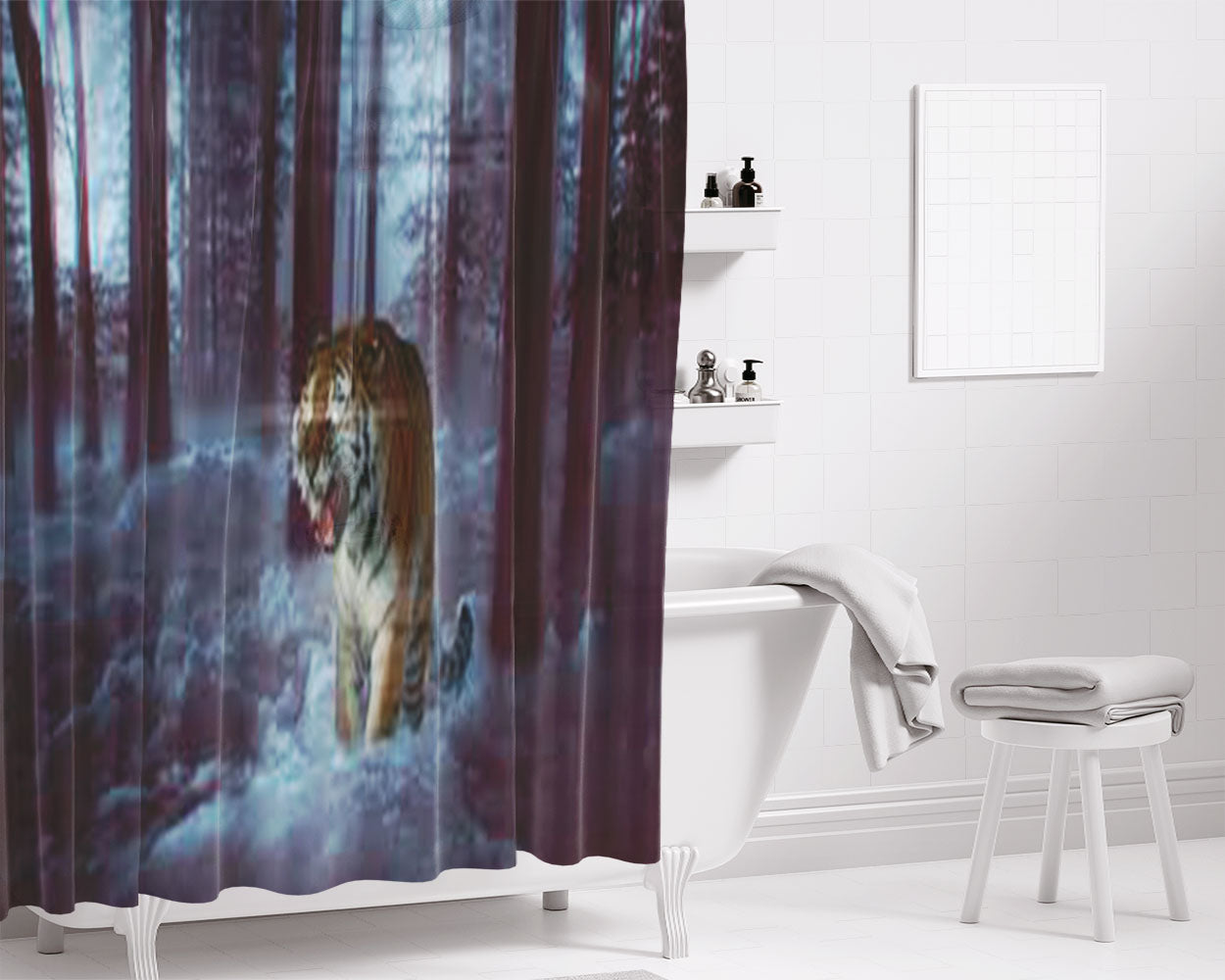Mystic Tiger In Forest 4K Bathroom Shower Curtain Fabric Waterproof | 66 X 72 Inch