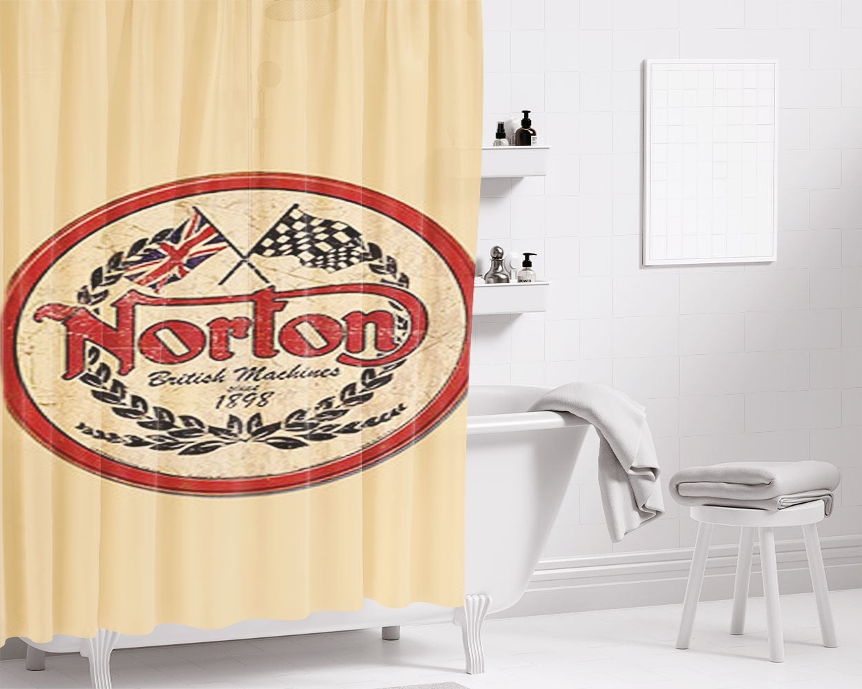 Norton Motorcycle Cream Bathroom Shower Curtain Fabric Waterproof | 66 X 72 Inch