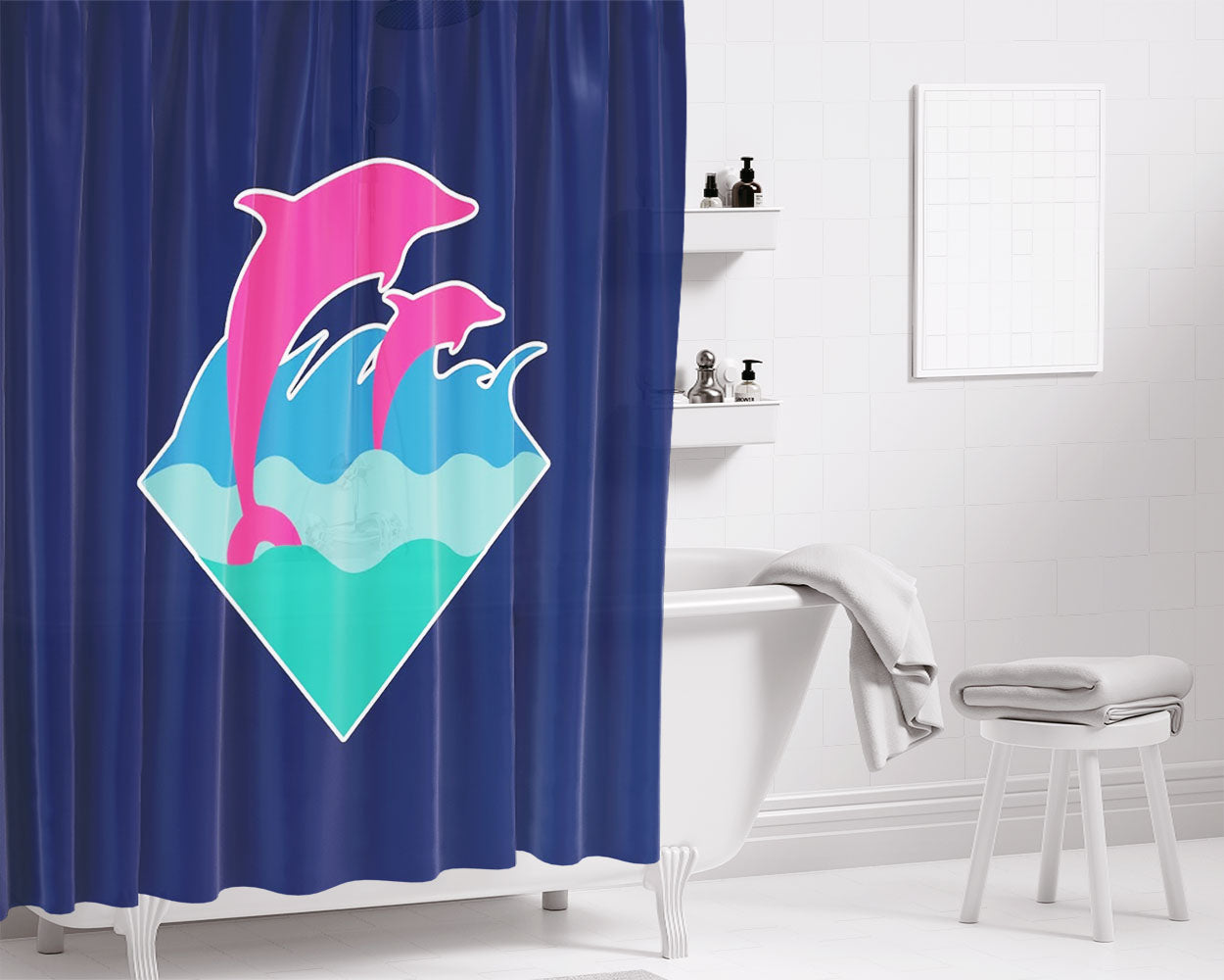 Pink Dolphin Logo Bathroom Shower Curtain Fabric Waterproof | 66 X 72 Inch