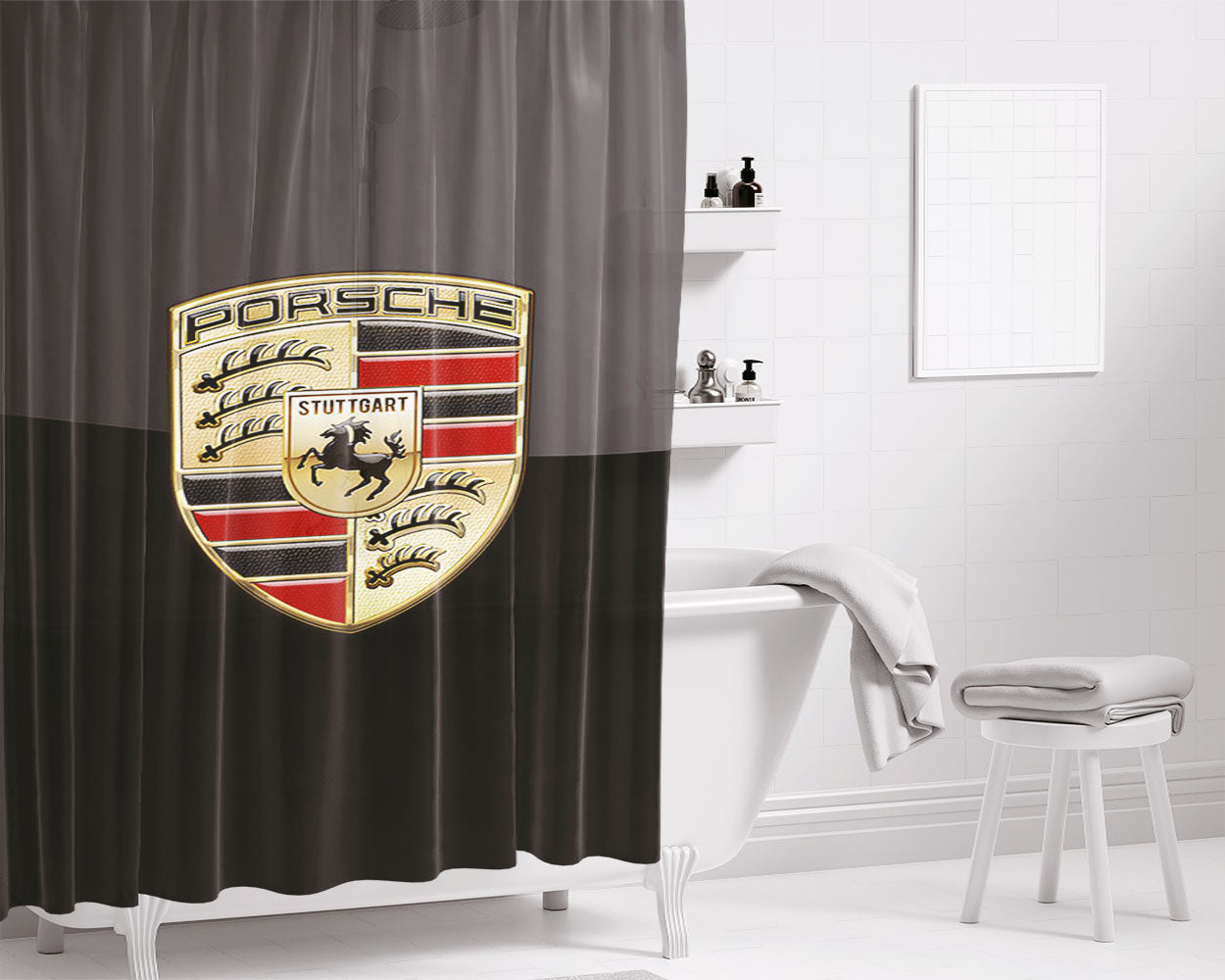 Porsche Badge Logo On Black Serge Ver Bukh Bathroom Shower Curtain Fabric Waterproof | 66 X 72 Inch