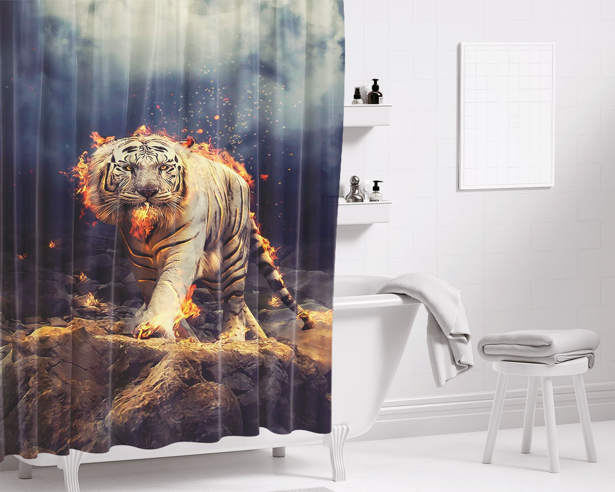 Raging White Tiger Bathroom Shower Curtain Fabric Waterproof | 66 X 72 Inch