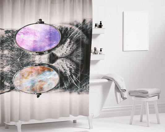 Shades Cool Kitty Cat Eye Galaxy Nebula Bathroom Shower Curtain Fabric Waterproof | 66 X 72 Inch