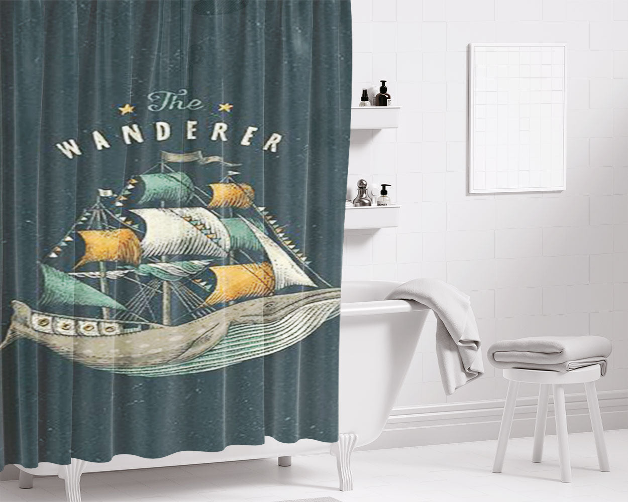 The Wanderer Whale Bathroom Shower Curtain Fabric Waterproof | 66 X 72 Inch