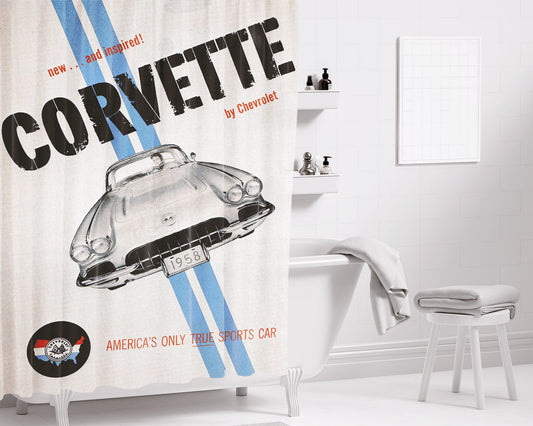 Vintage Corvette Poster Bathroom Shower Curtain Fabric Waterproof | 66 X 72 Inch