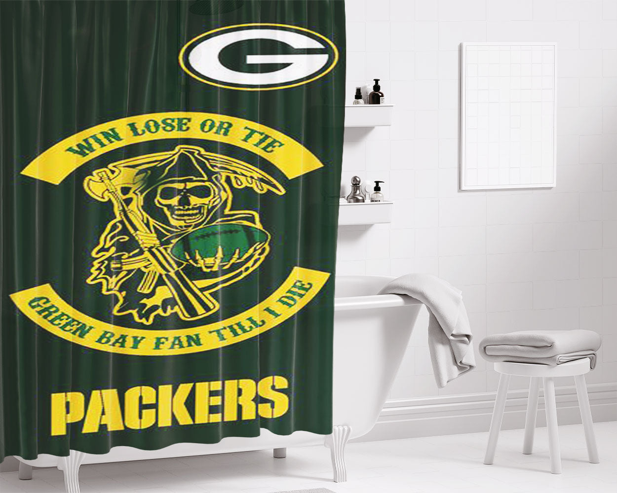 Win Lose Or Tie Green Bay Fan Till I Die Bathroom Shower Curtain Fabric Waterproof | 66 X 72 Inch