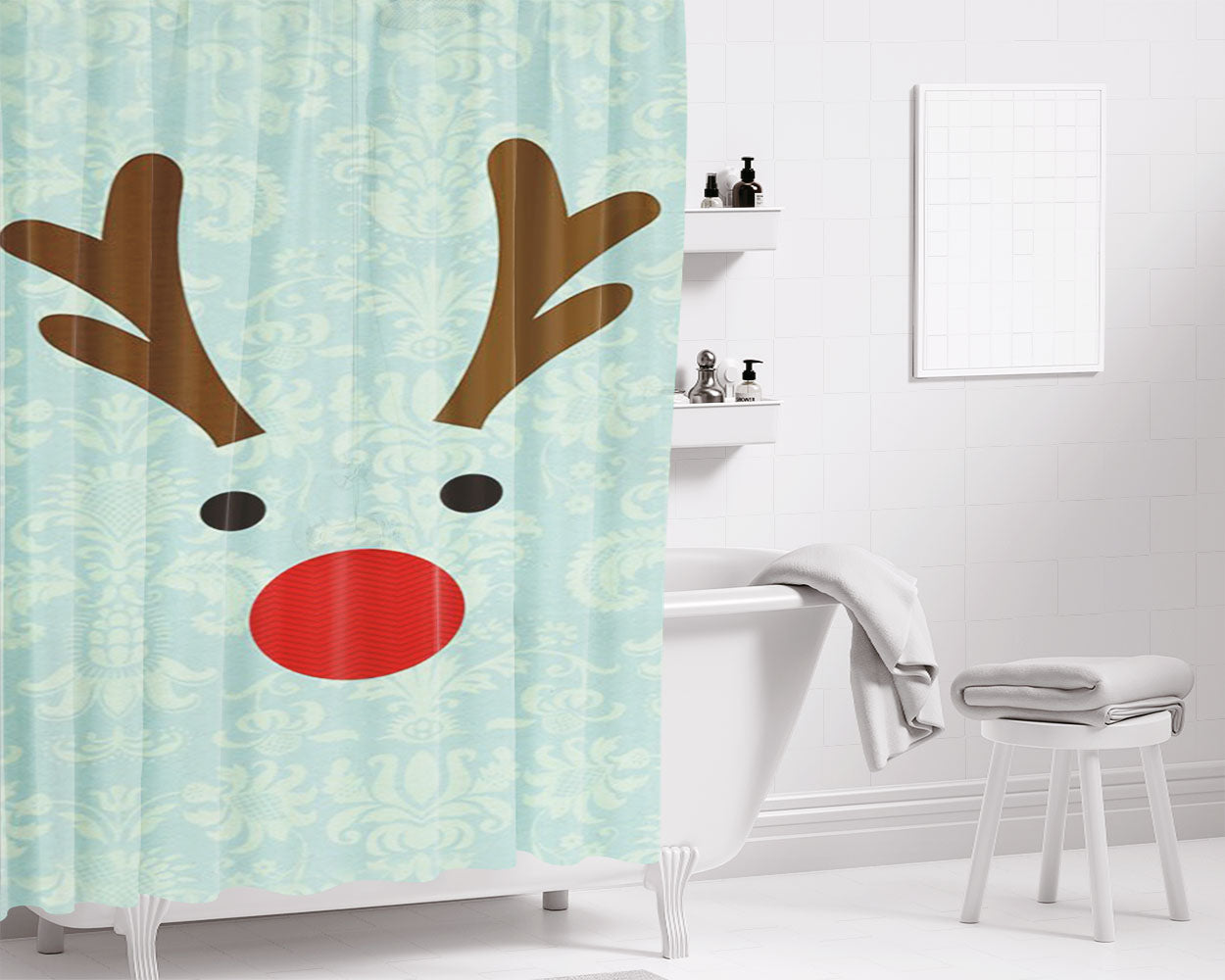 Rudolph Christmas Deer Bathroom Shower Curtain Fabric Waterproof | 66 X 72 Inch