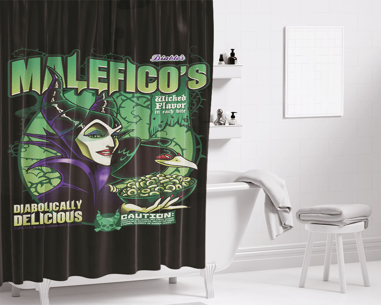 Maleficos Cereal Box Cover Bathroom Shower Curtain Fabric Waterproof | 66 X 72 Inch