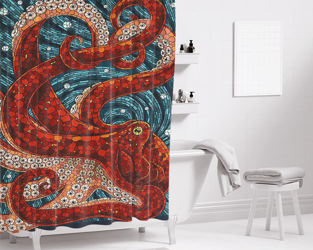 Mosaic Octopus Art Bathroom Shower Curtain Fabric Waterproof | 66 X 72 Inch