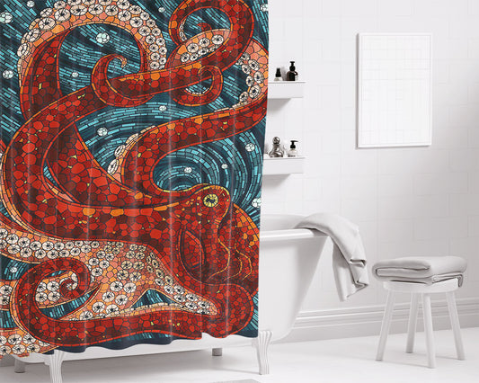 Mosaic Octopus Art Bathroom Shower Curtain Fabric Waterproof | 66 X 72 Inch