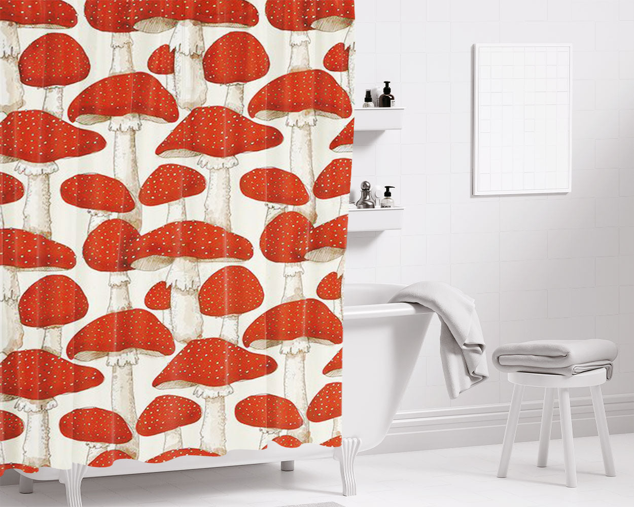 Mushroom Strawberry Bathroom Shower Curtain Fabric Waterproof | 66 X 72 Inch